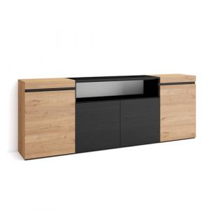 Skraut Home | Buffet Salon et Cuisine | Meuble de Rangement, Commode | 200x75x35cm | 4 Portes | Meuble Chaussure | Style Moderne | Chêne et Noir