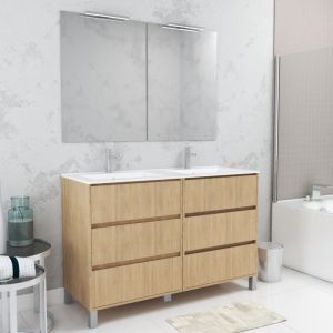 Aurlane Meuble Salle de Bains 120 cm Chêne Clair 6 Tiroirs, Vasque, Miroirs 60x80 et Réglettes Led - XENOS