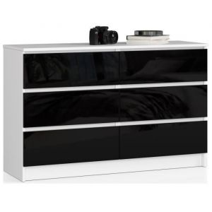 Commode AKORD K120 Blanche 120 cm 6 tiroirs façade Noir Brillant 120x40x77 cm