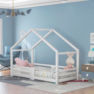 Lit cabane avec grille de protection - 90x200cm - en bois massif - Blanc