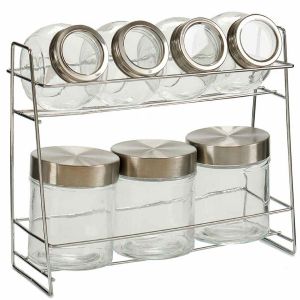 Wadiga Set de 7 pots à épices en verre et support en métal chromé