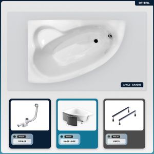 Baignoire asymétrique - 150 x 100 cm - Gauche - avec Habillage - Pieds - Poignées - Repose-tête - Vidage Chrome - NATALIA PREMIUM