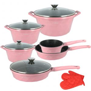 Ensemble de Cuisine 10 Pi&egrave;ces 3 Marmites/2 Po&ecirc;les/1 Casserole Motif Diamant Cheffinger Rose