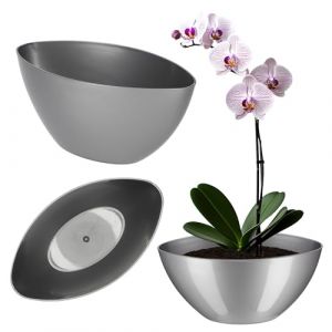 Kadax - Pot de fleurs en plastique - De forme ovale - 30 x 14 cm - Design moderne - Idéal pour la décoration d'intérieur et balcon - Argenté