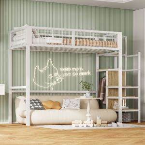 Lit mezzanine enfant 90x200 cm avec structure en fer - avec échelle de rangement et une penderie - Blanc