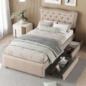 Lit simple 90x200cm, lit capitonné avec 3 tiroirs, avec sommier à lattes et tête de lit décoratifs, beige foncé