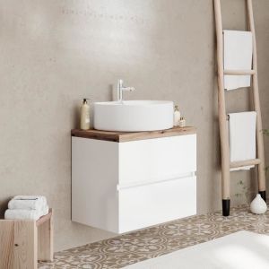 City Meuble simple vasque à poser 2 tiroirs largeur 60 cm Blanc & plan chêne naturel - Blanc & plan chêne naturel