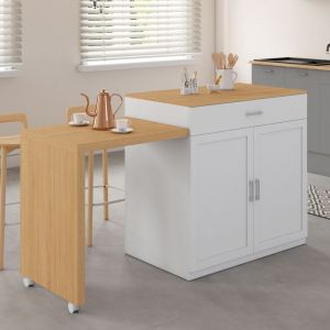 Idmarket Ilot central vito 94-155 cm bois blanc avec table &agrave; manger extensible int&eacute;gr&eacute;e fa&ccedil;on h&ecirc;tre