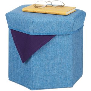 Image de Relaxdays Pouf de rangement, pliable, rembourrage moelleux, salon, tissu, 31 x 36 x 32 cm, tabouret, bleu