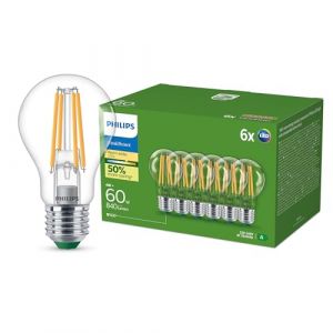 Image de Philips Ultra Efficient LED Bulb, Classe d'efficacité énergétique A, avec douille E27, 60W, transparent, blanc chaud 2700K, 6 packs