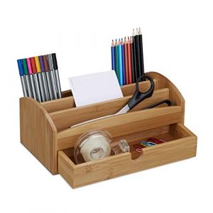 Image de Relaxdays Distributeur de bureau 4 compartiments 1 tiroir porte-crayons bloc-notes organiseur fournitures HxlxP: 11 x 27, 5 x 15 cm bambou, nature