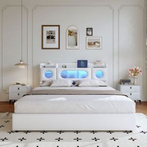 ADWOLT Lit coffre 160x200 cm, Lit double avec USB et Type C, Lit adulte avec LED, rangement t&ecirc;te de lit, PU, Blanc