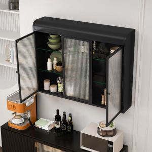 Elément hauts de cuisine, vitrine cintrée à 3 portes, convient pour cuisine, salon et salle de bain, noir