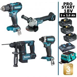 Makita Pack pro start bl Motor 18V 4 machines 3 batt 3Ah Perceuse DDF485 + Visseuse DTD153 + Meuleuse DGA504 + Perfo DHR171