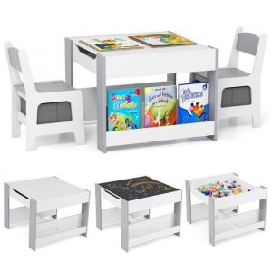 Costway 4 En 1 Table Et 2 Chaises Pour Enfants Avec Plateau Réversible Noir&blanc, Étagères À Livres Et Boîtes De Rangement, Gris