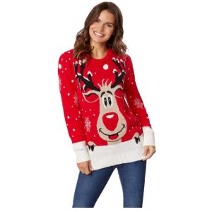 DressForFun - Pull de No&euml;l Rudi Renne - Taille XXL - Polyester et Acrylique rouge - Design tricot&eacute; avec pompons - Confortable et chaud - V&ecirc;tements de f&ecirc;te pour No&euml;l et Carnaval