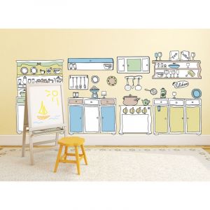 Plage Sticker mural autocollant cuisine ancienne, 170x60cm, couleurs pastels, d&eacute;co murale pour cuisine. D&eacute;corez votre cuisine avec style!