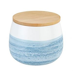 Wenko Boîte de rangement Mala 0,7 l en céramique blanche de qualité supérieure avec décor aquarelle bleu, couvercle en bambou certifié FSC avec anneau en silicone pour rangement hermétique Ø 13 x 10,5 cm
