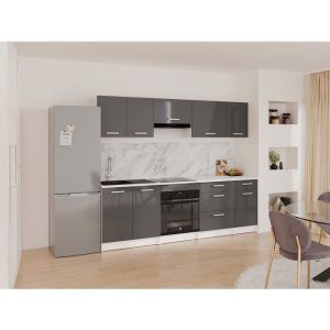 Cuisine compl&egrave;te - Avec plan de travail 240 cm - Gris brillant et Blanc - TRATTORIA