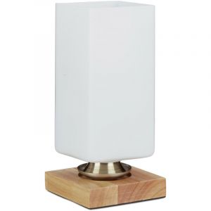 Relaxdays Lampe de table rectangle verre opale lampe de chevet lampe d'ambiance HxlxP: 25,5 x 12 x 12 cm lampe de lecture socle en bois, blanc nature