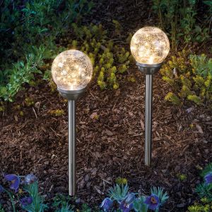 Esotec 102312 Golden Balls Lot de 2 lampes solaires de jardin Lumière blanche chaude Effet verre brisé Ø 12 x 44 cm