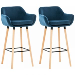 Image de CLP Lot De 2 Tabourets De Bar Grant En Velours I Assise Et Dossier Rembourrés I Empiétement En Bois - Bleu