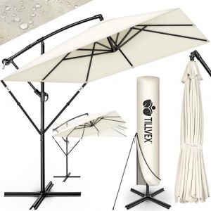 Tillvex Parasol rectangulaire en aluminium Ø 330 cm beige + housse à manivelle Parasol déporté carré avec pied et brise-vent Parasol de jardin