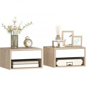 Homcom Lot de 2 tables de chevet murales - tiroir compartiment ouvert plateau - panneau de particules - 37x32x21cm - bois naturel