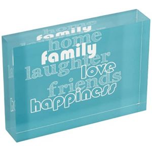 Feel Good Art ``Home, Bonheur, amour, famille`` Diamant poli Decor Bloc/jeton, en verre, bleu sarcelle, 10,5x 7,4x 4cm