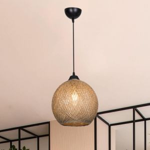 Image de Suspension Moderne Luminaire Intérieur Métal Corde de Jute E27 Hauteur 65 cm Noir Naturel