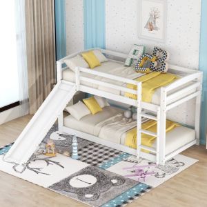 Image de Lit superposé 90 x 200 cm, lit superposé enfant avec toboggan, cadre de lit en bois, blanc, sans matelas