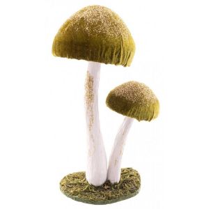 Ruedelafete Deux Champignons fins fairy velours pailletés or sur socle, Vert 25cm