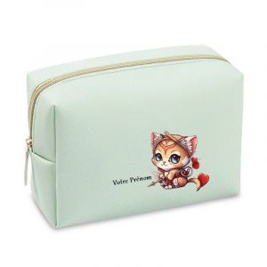 Image de Grande trousse et pochette de maquillage Vert pastel Taperso avec motif Chat samourai personnalisee