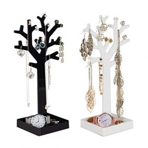 Relaxdays Arbre à bijoux, lot de 2, avec rangement, pour colliers, bagues, bracelets, HLP 28,5x14,5x9,5 cm, noir-blanc