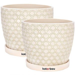 Lot de 2 pots de fleurs en céramique pour plantes ø 17 cm Crème Vintage avec bac d'égouttement Motif écailles de poisson - Kotarbau