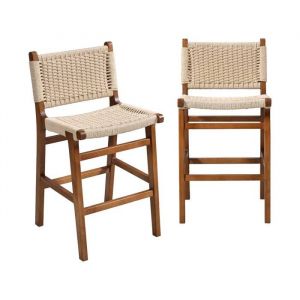 Lot de 2 tabourets de bar en bois d'h&eacute;v&eacute;a et assise en cordes Effet Noyer / Beige
