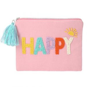 Depesche 13326 TOPModel Juicy - Trousse de Toilette Rose, brodée de Perles et Portant l'inscription Happy, Pochette avec Pompon coloré