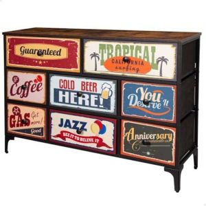 AKTIVE Max Home Commode de Chambre à Coucher Polyvalente, Graphisme Rétro et Vintage, 8 Tiroirs en Tissu Léger, 103X30X77 cm, Structure en Acier, Dessus en Bois, Tables de Chevet