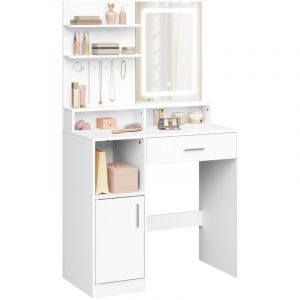 WOLTU Coiffeuse avec Miroir LED, Meuble de Maquillage avec Tiroir, &Eacute;tag&egrave;res de Rangement, 3 Casiers Ouverts, en Bois d'Ing&eacute;nierie, 80x40x140cm, Blanc