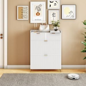 Meuble &agrave; chaussures 110 x 80 x 24 cm, 2 tiroirs, 2 placards &agrave; couvercle rabattable, pieds en m&eacute;tal dor&eacute;, blanc