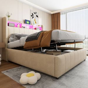 Modernluxe - Lit coffre de rangement capitonné en lin 140x200cm - avec led + prises - Beige