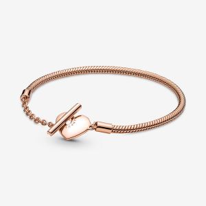 Image de Pandora Bracelet Maille Serpent Barre en T C?ur Moments - Rose gold