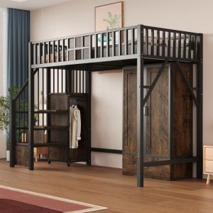 Lit mezzanine en métal 90 x 200 cm - Avec penderie - 1 tiroir - Avec échelle de rangement - Noir (matelas non inclus)