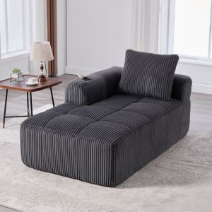 MODFU - Canap&eacute; velours c&ocirc;tel&eacute;, Fauteuil relax poches lat&eacute;rales et porte-gobelets, 158x93x61 cm - 1 place, Gris fonc&eacute;