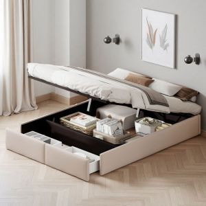 Lit 140x190 cm - 07AAA - Coffre hydraulique - Beige lin - Contemporain design