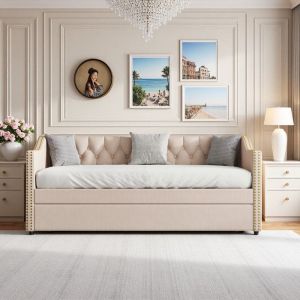 Canap&eacute; Convertible Petit Espace en Lin - M&eacute;canisme Tiroir 2 Places 211x96 cm Beige Proven&ccedil;al (Sans Matelas)