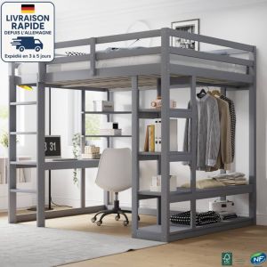 MODFU - Lit mezzanine enfant en bois 140×200cm avec bureau et étagère, 1 tringle à vêtements, antichute, sans matelas, gris