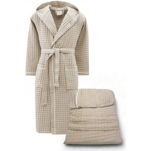 Peignoir en coton pour homme et femme avec capuche, nid d'abeille BEEApone, couleur beige, séchage rapide, doux XL