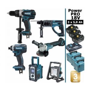 Makita Pack Power PRO 6 outils 18V: DDF458 + DTD152 + DGA504 + DHR202 + DMR108 + Projecteur + 3 batt 5Ah + 3 Coffrets
