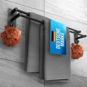 LOBUX - Porte-serviettes sans percer noir - 80cm, inox - Porte-serviettes salle de bain double, autocollant - Barre porte-serviettes, porte-serviettes de bain incl. 2 crochets porte-serviettes - Salle de bain, paroi de douche, cuisine